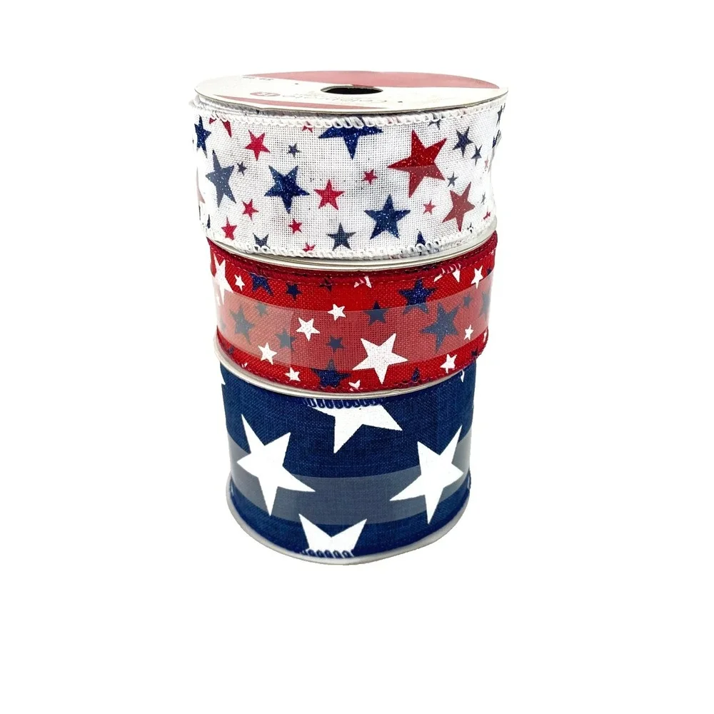 NEW Celebrate It Wired Ribbon Patriotic Stars 4th of July 3 Spools 25 Ft Each